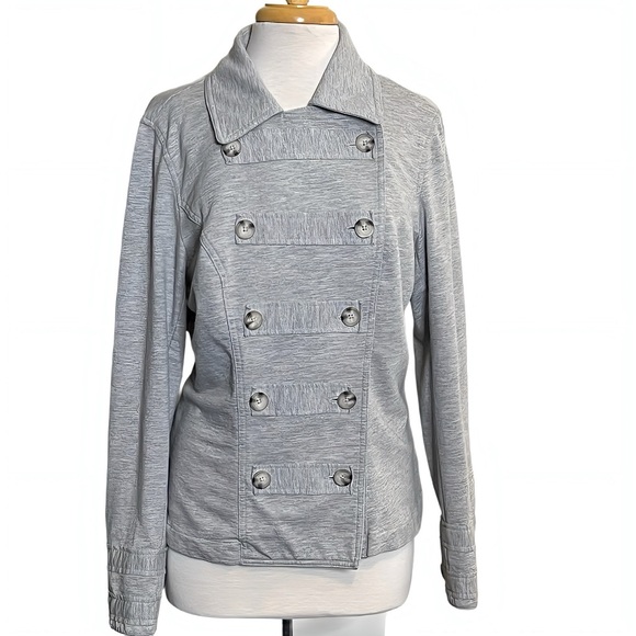 CAbi Gray Double Breasted Military Moto Pea Coat Jacket Women Cotton Blend XL - Picture 1 of 10